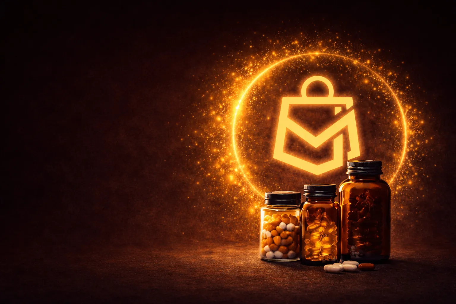 Morshell Store symbol illuminated in gold with selected supplement bottles